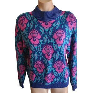 Vintage Nordstrom Iris Floral Print Ski Knit Sweater Purple and Teal Size XS